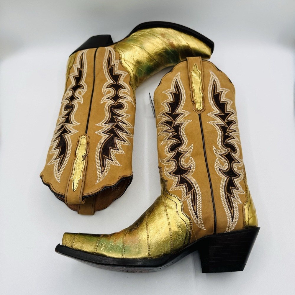 Dan Post Genuine Eel Exotic Boots Women's Size 9 Crackle Gold Metallic Leather - Picture 15 of 16